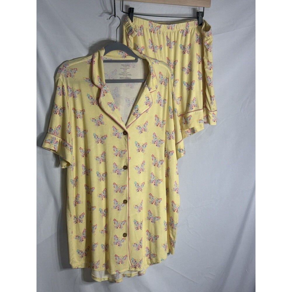 Posh Peanut Bowie Butterfly Yellow W/ Pink Piping Women's Sz XL 2PC PJ Set Sz XL